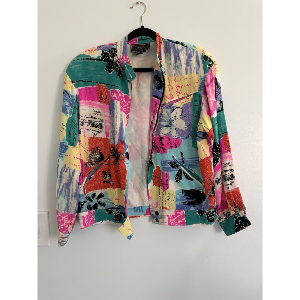 Women's Vintage Diane Gilman Collection Floral Colorful Zipped Silk Jacket Sz M